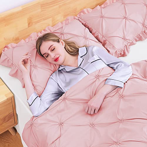 JOLLYVOGUE Pink/Ivory Full Size Comforter Sets 7 Pieces, Pintuck Bed in a Bag Comforter Set for Bedroom, Bedding Comforter Sets with Comforter, Sheets,Ruffled Shams & Pillowcases