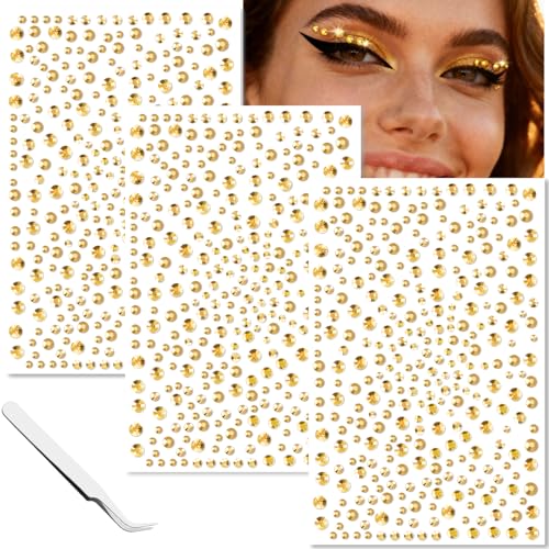 VVPESCA Gold Face Gems Self-Adhesive Hair Jewels Shimmer Eye Gems for Makeup Festival Stick on Gems Rhinestones Stickers for Women Girls Gold Body Glitter Concert Rave Accessories
