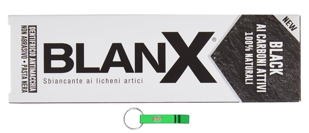 Blanx Dentifricio Black,8 dentifricio sbiancante con lichene islandese e carbone attivo naturale al 100%, rimuove le macchie di caffè, fumo e tè da 75 ml + portachiavi Beni Culinari