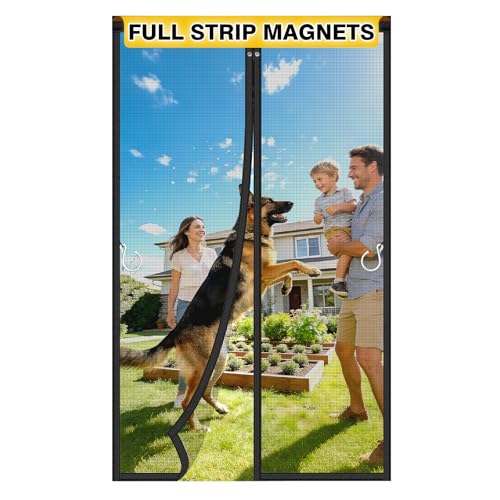 HOFUDON Upgraded Magnetic Screen Door Mesh Full Strip Magnets Heavy Duty Fiberglass Mesh Door Screen Magnetic Closure for Single Door Size 32 x 80 Inch Screen Door Size 35 x 82 Inch Black