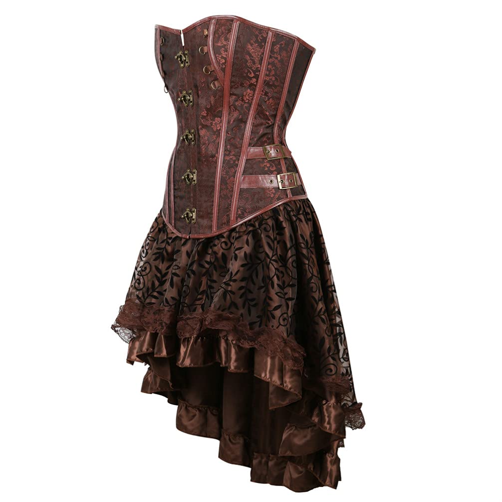 Hengzhifeng Pirat Corsage mit Rock Damen Retro Korsage Kostüm | Steampunk Corsage Korsett Übergrößen, mit Spitze Asymmetrisch Rock Tüllrock