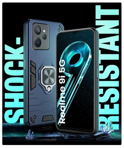 Image of WOW IMAGINE Shock Proof Back Case Mobile Cover for Realme 9i 5G | Realme 9i 5G | Back Cover Case (Tough Armor | Hybrid PC + TPU | Ring Holder & in-Built Kickstand | Blue)