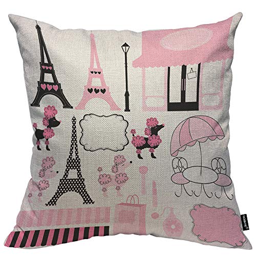 Hosnye Pink Eiffel Tower Cotton Linen Throw Pillow Case Girly Heart Travel Paris And Pink Poodle Ooh La La Pillow Cushion Covers Home Sofa Decorative 18 X 18 Inch #TOP10