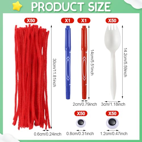 relaxgiant 50 set fork craft kit diy disposable creativity sporks red pipe cleaners self adhesive wiggle googly eyes make your own craft kit