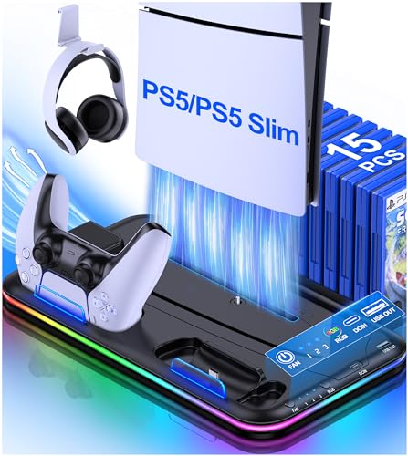 DINOSTRIKE PS5 Slim Cooling Station with RGB Light Dual Fast PS5 Controller Charging for Playstation 5 Slim Digital Disc Edition, PS5 Stand Vertical PS5 Accessories with Headset Holder 15 Game Slots