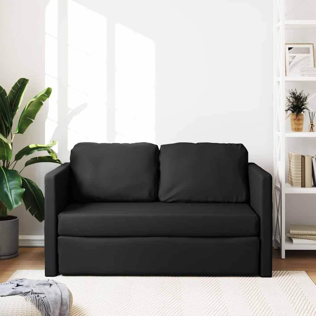 Sofá de suelo, convertible, negro, 112 x 174 x 55 cm, de cuero sintético, moderno, pequeño sofá de 2 plazas, para salón, dormitorio adolescente, estudio