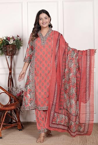 Image of Women's Cotton Printed Straight Kurti With Pant and Dupatta Set (PEACH)