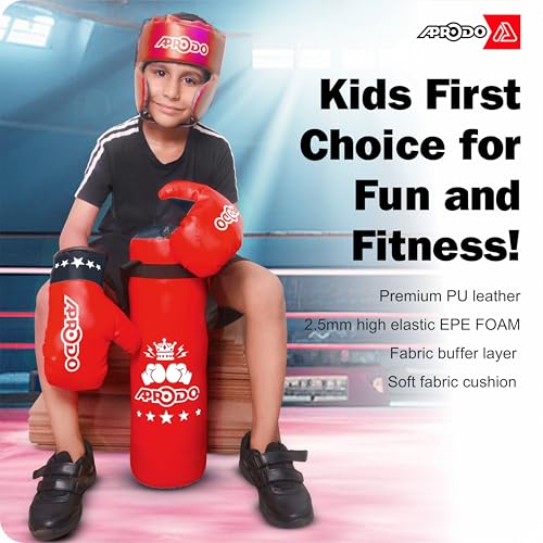 Image of Aprodo Kids Boxing Kit Set Pack of 4 | Punching Bag for Karate & Martial Arts | Bounce-Back Training Bag for Boys & Girls (Ages 3-8) | Energy Release & Skill Building for Future Champs (Red Black)