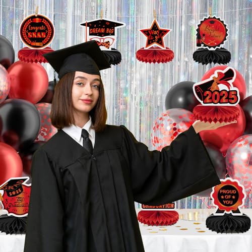 Image of 12PCS Graduation Decorations Class of 2025, Congrats Grad Table Centerpieces Graduation Honeycomb Centerpieces Grad Party Centerpieces 2025 Graduation Decorations for Party, Red