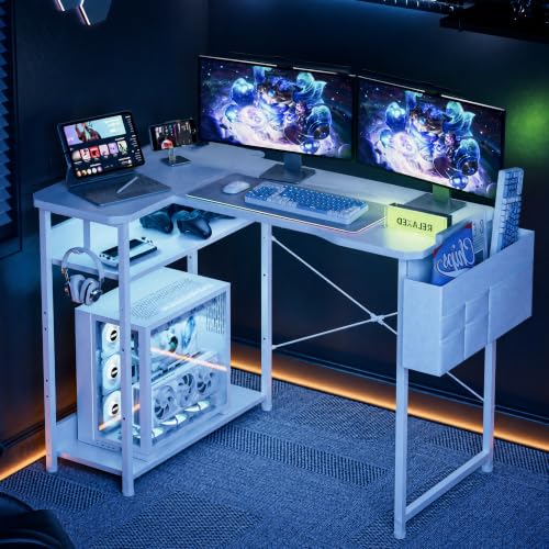 Image of Acrolix L Shaped Gaming Desk 48 Inch - Computer Corner Desk with Power Outlets, Reversible Shelves & Storage Bag for Home Office, PC Gaming Table, White Carbon