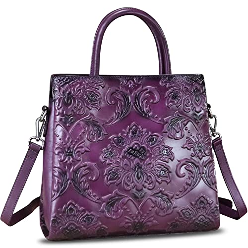 Image of Genuine Leather Satchel for Women Top Handle Handbag Handmade Embossed Vintage Satchel Crossbody Handbags Purse Bag