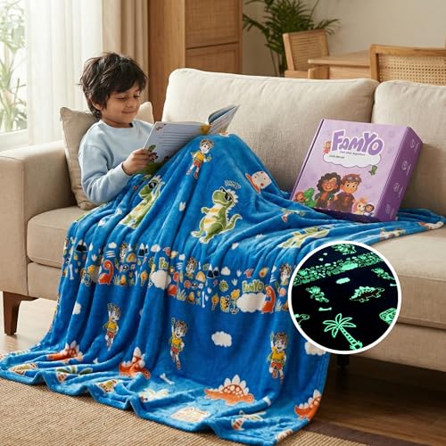 Image of Famyo GlowMaxx Glow Blanket for Kids - Rexy the Dino | 0-15 Yrs | 200x152 cm Double Bed Blanket | Soft Flannel Blankets for Winter | Ideal Gift for Kids Room Decor | Lab-Tested & Safe, (Blue)