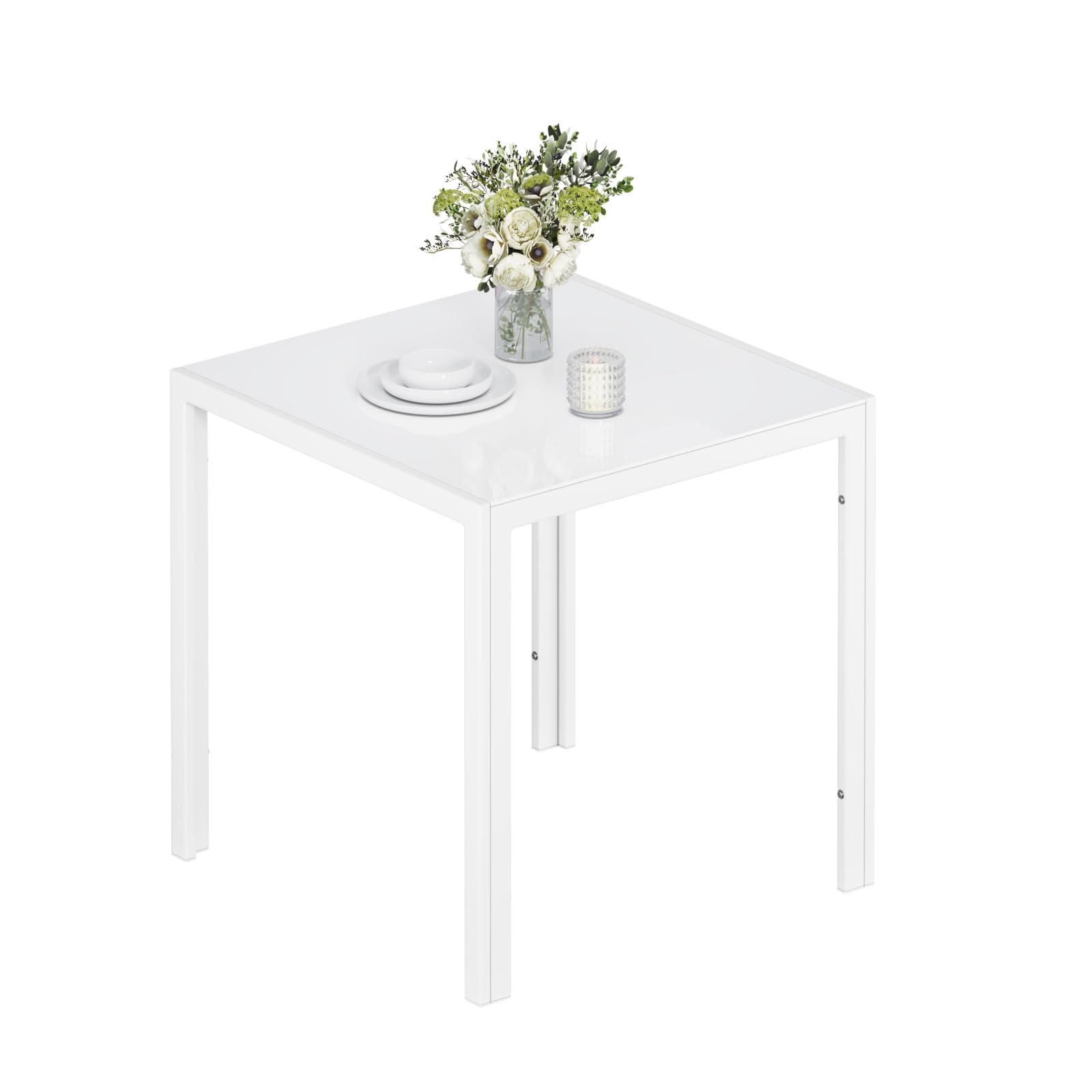 Jooli H Glass Dining Table, 75cm Square Kitchen Table with Tempered Glass Top and Metal Frame for Dining Room Meeting Room, White