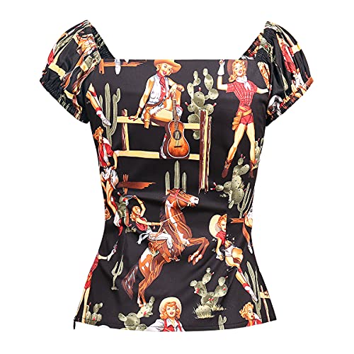 Image of YARN & INK Women's Rockabilly Tops 1950s Pinup Shirt Casual Off Shoulder Vintage Blouse
