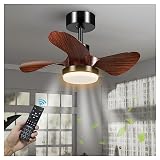 25'' Small Room Ceiling Fan with Light, 3-Blade Modern Low Profile Dimmable Ceiling Fan with Light and Remote, Reversible DC Fan Light Indoor Outdoor for Kitchen, Bedroom and Dining Room, Walnut-Color