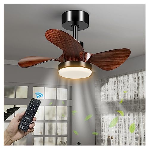 25'' Small Room Ceiling Fan with Light, 3-Blade Modern Low Profile Dimmable Ceiling Fan with Light and Remote, Reversible DC Fan Light Indoor Outdoor for Kitchen, Bedroom and Dining Room, Walnut-Color