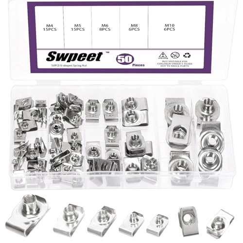 Swpeet 50Pcs M4 M5 M6 M8 M10 304 Stainless Steel Auto Car U-Clip Assortment Kit, U-Shaped Nut U Nut, Metal Trim Panel Spring Clip Fasteners for Dash Door Panel Interior Compatible with Most Auto