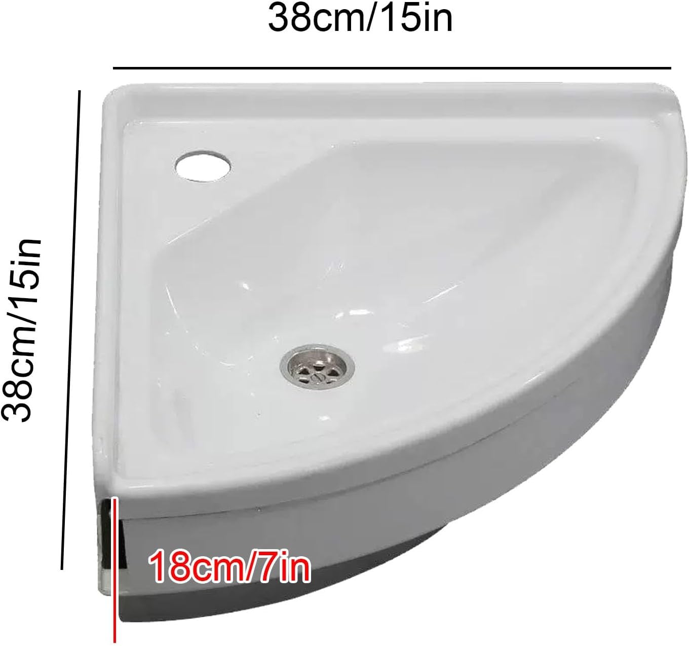 Wall Mounted RV Sink, Acrylic Camper Sink, Triangle Corner, with Folding Faucet and Right Angle Drain, for RV, Truck, Boat 15x15x7in
