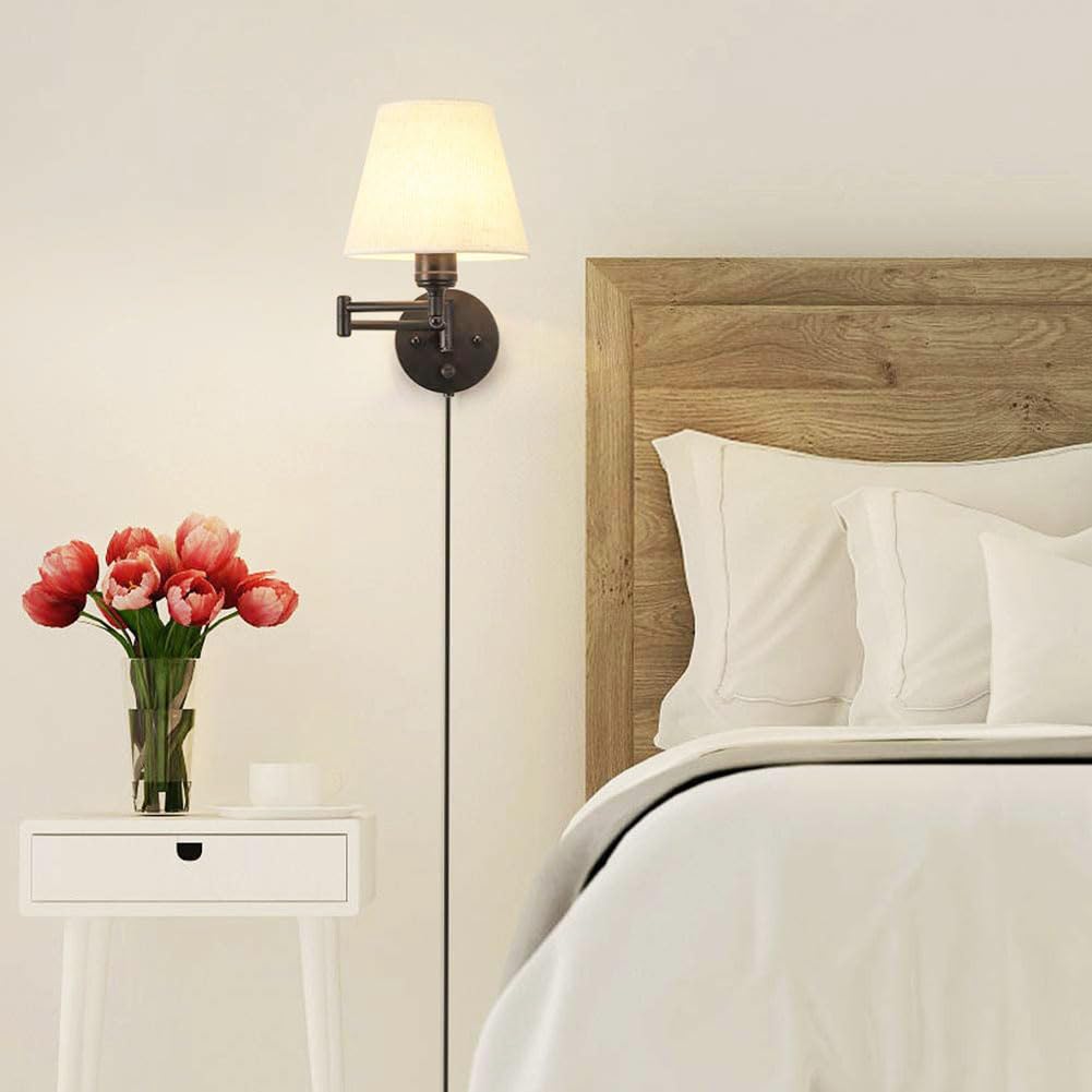 Langer Arm Wandlampe mit Schalter und Kabel Verstellbare Wandleuchte Schalter Dimmbar Wandleuchten Stoffs Lampenschirm Leinen Wand Leselampe Schwenkarm Schwarz für Wohnzimmer Schlafzimmer