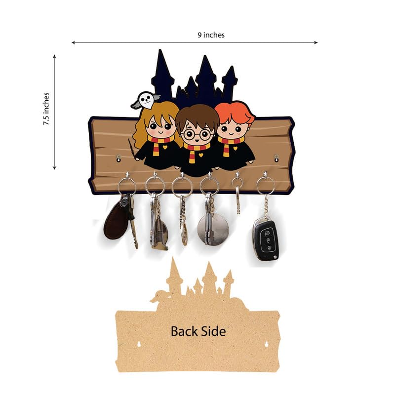 Image of Decorative 3 Harrys Wooden Key Holder for Home Decor Key Hangers Keychain Holder & Key Holder for Wall | No Drilling Required | with 2 Strong Sticker Hooks