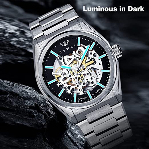 Image of Automatic Mechanical Wrist Watch for Men with Star Dust Dial, Fashion Self-Winding Watches for Men Stainless Steel Waterproof Luminous Sapphire Crystal Mens Watches with Auto Date (Silver)