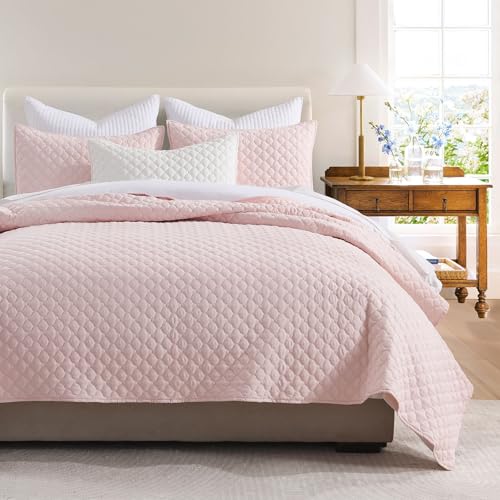 HORIMOTE HOME Quilt Queen Size Light Pink Lightweight Quilts for Summer Ultra-Soft Microfiber Modern Style Quilted Clouds Pattern Bedspread Quit Set 3 Pieces(1 Quilt and 2 Pillow Shams)