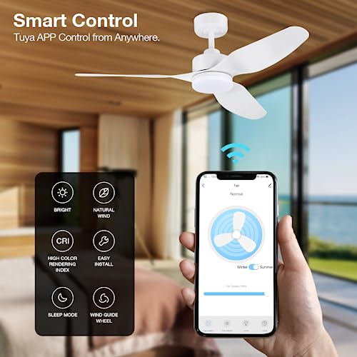 Image of Hoenofly 48 Inch Smart Ceiling Fans with Lights Remote Control,Dimmable LED Light,Outdoor Indoor Modern Ceiling Fan,Quiet DC Motor,WIFI Alexa App Workable,Matte White for Bedroom Living Room Patio