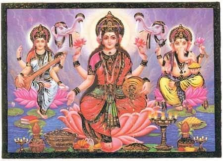 Song of India Saraswati, Laxmi, Ganesha 5 "x 4" Set/10 con impresión de hojas de oro