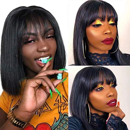 12 inch Short Human Hair Wigs with Bangs Brazilian Virgin Human Hair Straight Short Bob Wigs with Bangs 180% Density Glueless Machine Made Bang Wigs for Women by BEIBAO