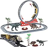 deAO Parque Jurásico Vías de Tren en el Mundo de los Dinosaurios Conjunto Infantil Incluye Circuito con Lazo Doble, Tren Electrónico y Accesorios de Carril