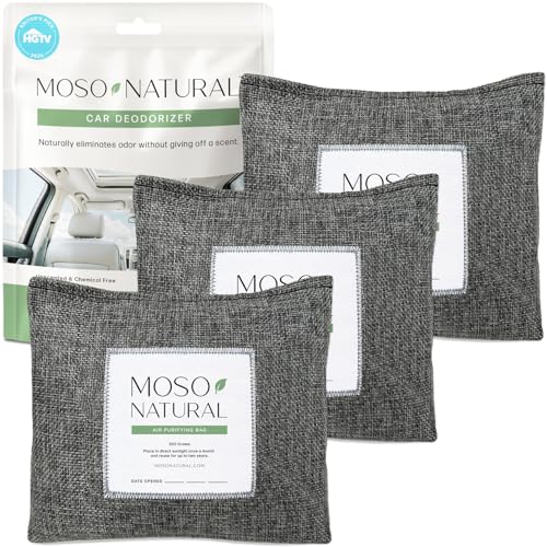Image of Moso Natural Car Odor Eliminator & Charcoal Odor Absorber (3 Pack) Bamboo Charcoal Air Purifying Bag for Cars, Trucks, SUVs, RVs & Boats - Unscented Deodorizer, Lasts 2 Years, HGTV Editors' Pick