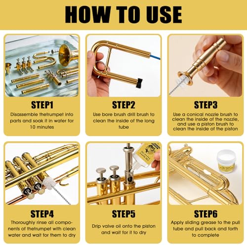 Trumpet Cleaning Kit, Trumpet Care Kit (Valve Oil, Slide Grease, Mouthpiece Brush, Bore Brushe, piston brush, cleaning cloth,injector and bent tube needle), Maintain Trumpet and Sound Quality