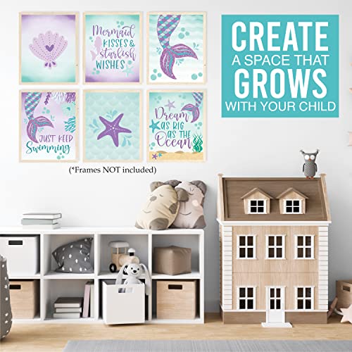 Image of Hadley Designs 6 Mermaid Room Decor for Girls - Mermaid Wall Art for Bedroom and Bathroom, Reversible Unframed Under the Sea Prints for Girls Bedroom, Kids Room Decor Posters, Made in USA