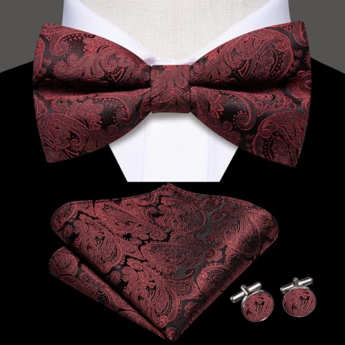 Image of Dubulle Mens Paisley Striped Bowtie Set Pre-tied Bowtie for Men and Pocket Square Set Wedding Business