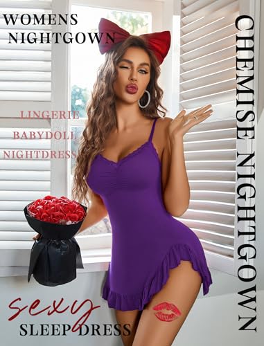 Image of Avidlove Lingerie for Women Sexy Nightgown Modal Nightwear Side Slit Babydoll Chemise Spaghetti Strap nighties