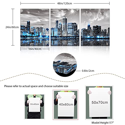 SERIMINO Chicago Skyline Wall Art for Living Room, Modern City Pictures Canvas Wall Decor for Office Bedroom 3 Pieces Set Night Scene Prints Paintings for Home 16"X24"
