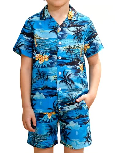Image of DAXIANG Boys 2 Piece Hawaiian Outfit Summer Button Down Shirt and Pocket Short Sets Beach Vacation Clothes for Kid Size 3-10