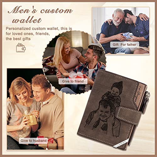 Nobelook Personalized Wallet for Men with Photo Monogram Name Custom Engraved Mens Wallets Bifold Short Leather Wallet Purse for Father Dad Grandpa Husband Son BF Gift Brown2