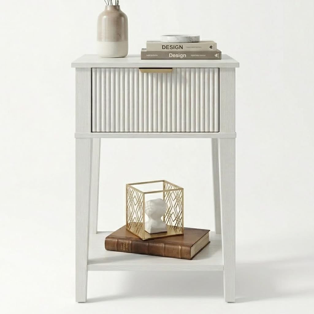 Modern Fluted Small Wood Nightstand, 11.8" Deep x 15.4" Narrow Bedside Table with Drawer & Open Shelf, Farmhouse Chic Accent Side Table for Bedroom & Sofa - White
