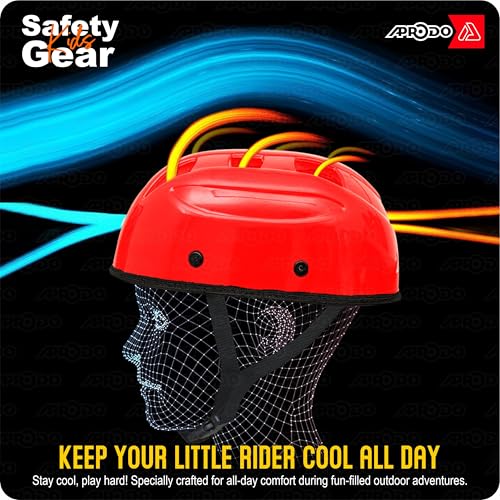Image of Aprodo Kids Sports Protective Gear Set | from Beginner to Advanced | for Ages 3-5-8-14 Boys & Girls | Includes Knee & Elbow Pads, Wrist Guards | Ideal for Skateboarding, Cycling & Scooter (Red)