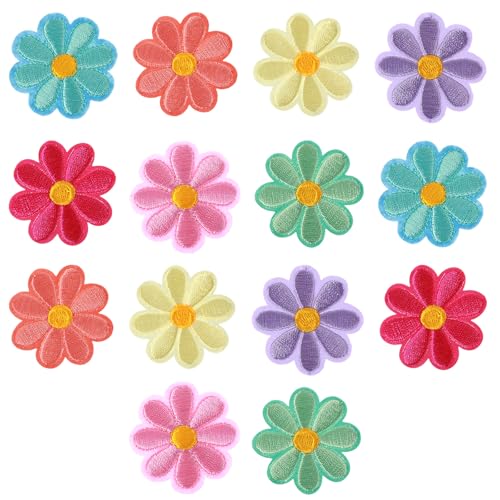 Lot de 14 écussons thermocollants en forme de fleurs pour textiles - Thermocollants - 4 cm - Marguerites colorées - Pour vêtements, chapeaux, jeans, bricolage (7...