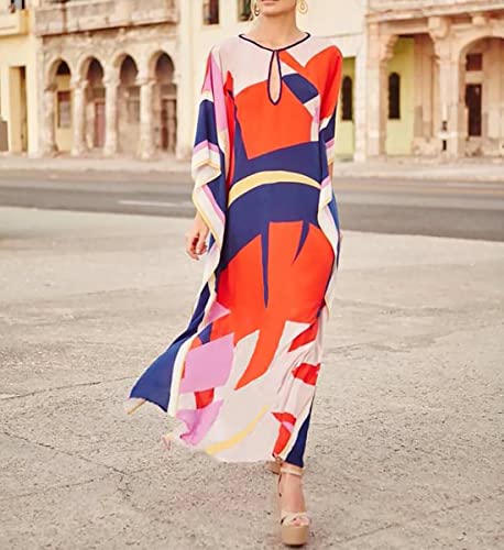 MEILING Women's Printed Kaftan Nightgown Loungewear Caftans Dress Plus Size Long Beach Cover Up Swimwear (Print W)2