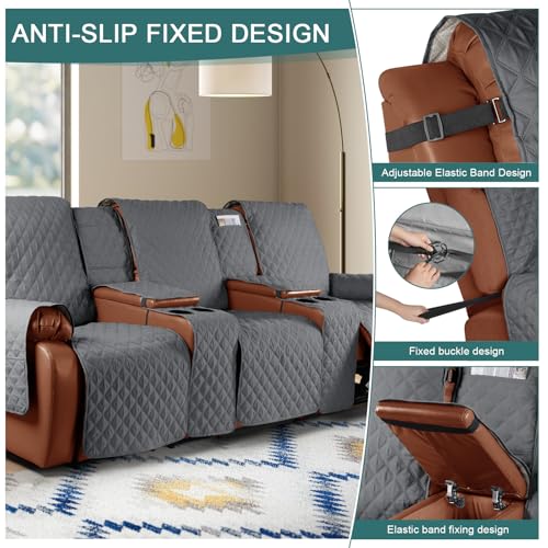 Image of Ruaozz Waterproof Recliner Sofa Cover with Console, Non-Slip Couch Cover Pet Cover for Double Recliner Split Sofa Cover with Elastic Straps for Kids, Dogs, Pets (Dark Grey, 3 Seater)