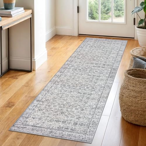 2x6 Grey Blue White Washable Runner Rug for Kitchen, Soft Neutral Vintage Kitchen Rugs with Non-Slip, Non-Shedding Distressed Floral Rug for Entryway Hallways Laundry Indoor Bedroom