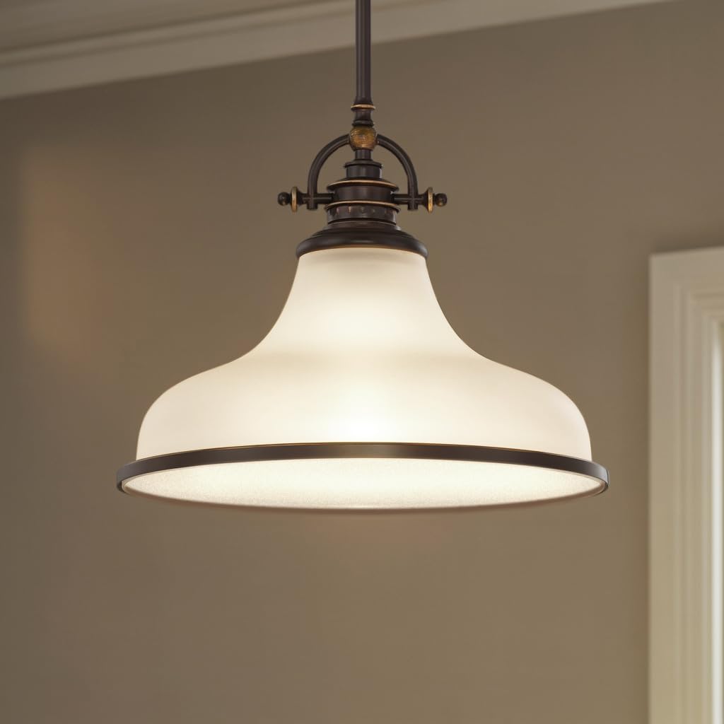 Urban Ambiance Luxury Industrial Pendant Light, Medium Size: 11.5" H x 13.5" W, with Americana Style Elements, Nostalgic Design, Oil Rubbed Parisian Bronze Finish and Opal Etched Glass, UQL2335
