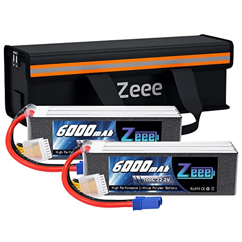Zeee 6S Lipo Battery 6000mAh 22.2V 100C Soft Case Battery EC5 Connector 2 Pack Batteries with 1 Pcs Lipo Safe Bag Ebike Battery Fireproof Explosionproof Bag for Storage Charging