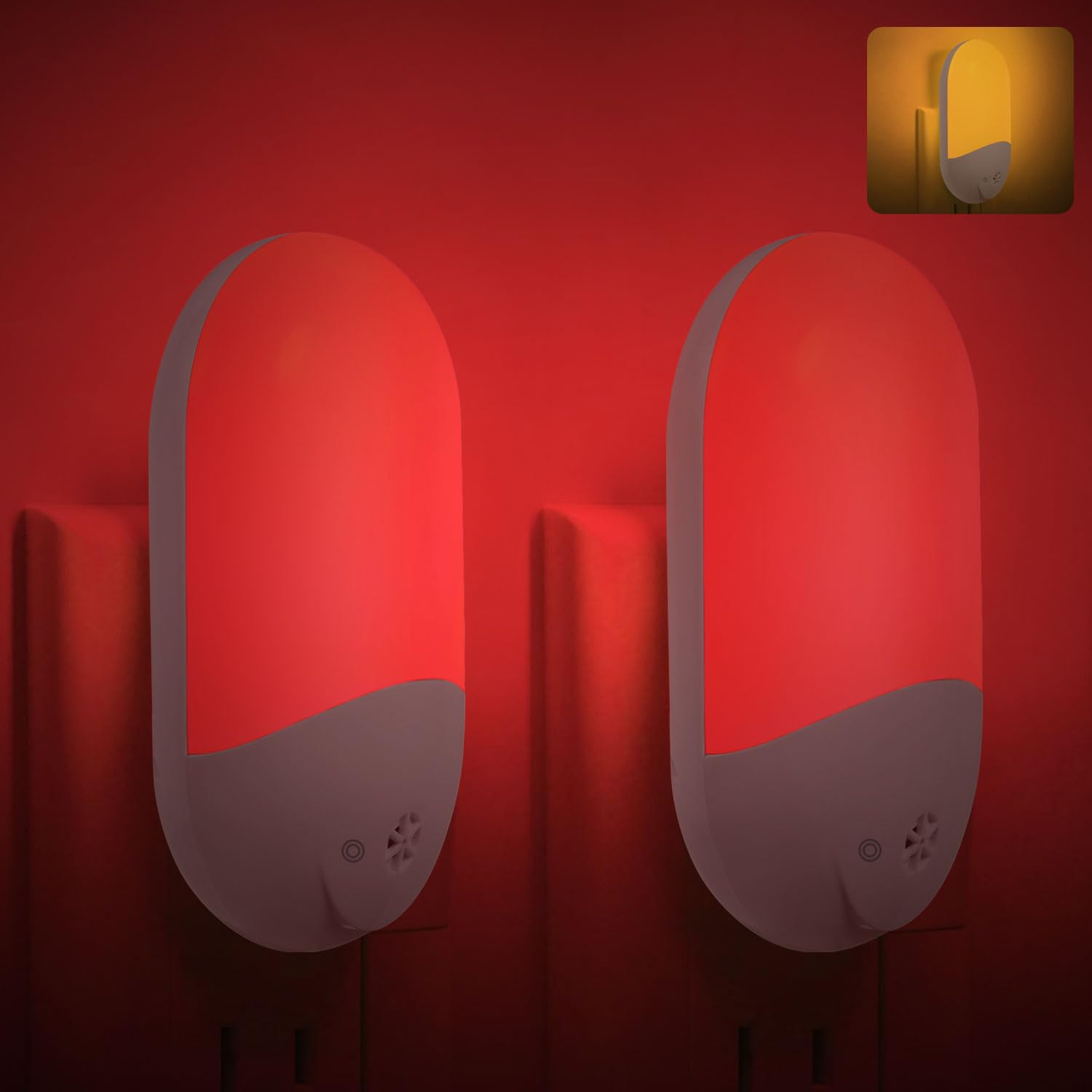 Luz nocturna roja para terapia del sueño [paquete de 2] - Luz nocturna LED de encendido/apagado automático se conecta a la pared para bebé, baño, promoción de melatonina con