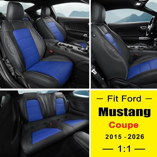 Image of GIANT PANDA Customized Full Set Car Seat Covers Fit Ford Mustang Coupe Hardtop 2015 2016 2017 2018 2019 2020 2021 2022 2023 2024 2025 2026- (Black+Blue)