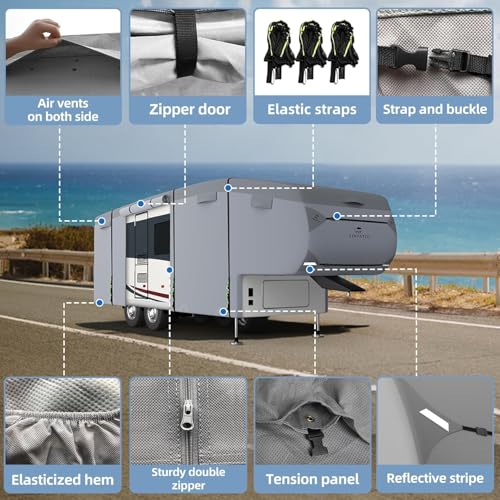 Image of 5th Wheel Cover: Fits 40'-44', Extra-Thick 7 Layers Top, Heavy Duty Anti-UV Waterproof 5th Wheel Cover, with 3 Pcs Windproof Extra Straps