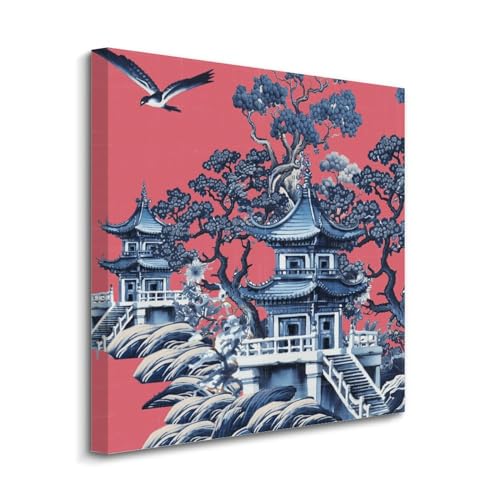 Toile chinoiserie pagode prête à suspendre pour mur vide